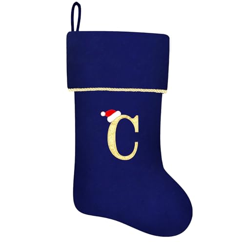 20 Inches Initial Monogram Blue Velvet Christmas Stocking with Gold Trim U394