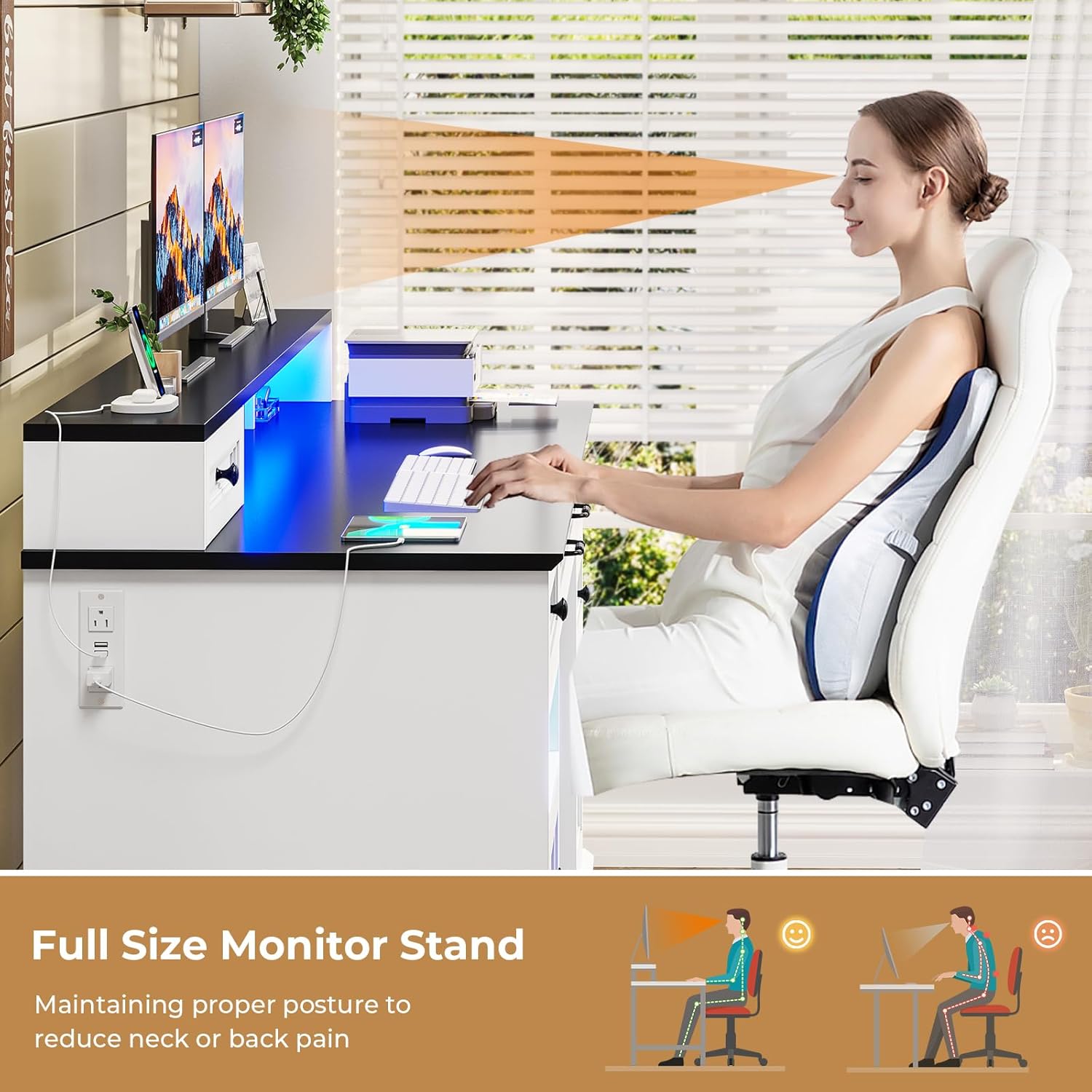 Executive Desk with Drawers, Storage Cabinet & Charging Station, White E513