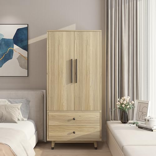 4 Door Armoire Wardrobe Closet Cabinet with 2 Drawers, Wood Bedroom Wardrobe Cabinet with Adjustable Shelves and Hanging Rod, Large Capacity Storage Wardrobe Armoire for Bedroom (Oak 3)