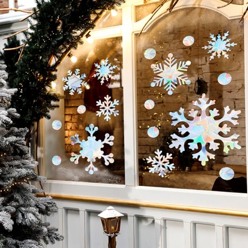 76 Pcs Extra Large Snowflake Window Clings 9.8 Inch Winter Iridescent Window Sticker F152713