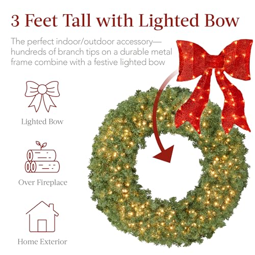 Best Choice Products 36in Pre-Lit Fir Christmas Wreath with Red Lighted Bow M107412