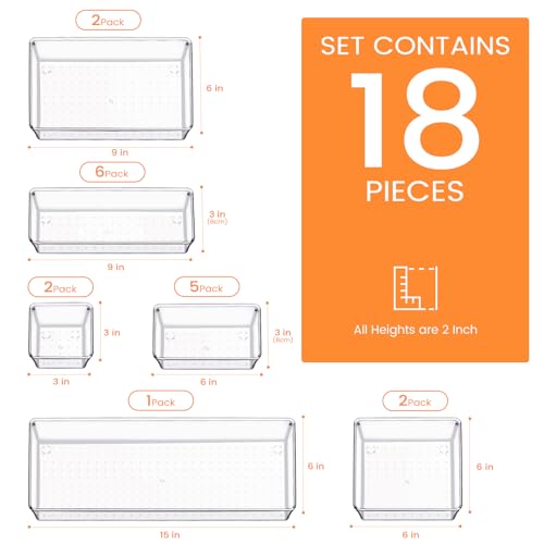 Criusia Drawer Organizer, 10 Pack Clear Plastic Storage Bins, 3 Sizes I166