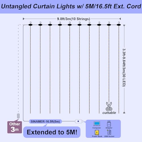 600LED Curtain Lights for Bedroom, Warm White, 8 Modes Y367582
