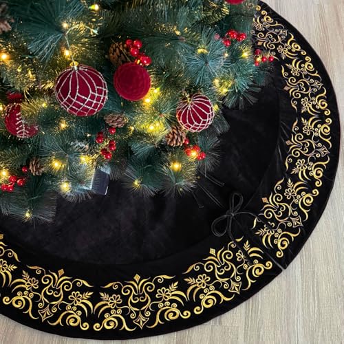 Burgundy Victorian Velvet Christmas Tree Skirt with Gold Damask Embroidery Q6345