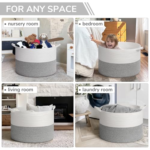 INDRESSME Large Cotton Rope Storage Basket with Handles, 90L Grey R37552