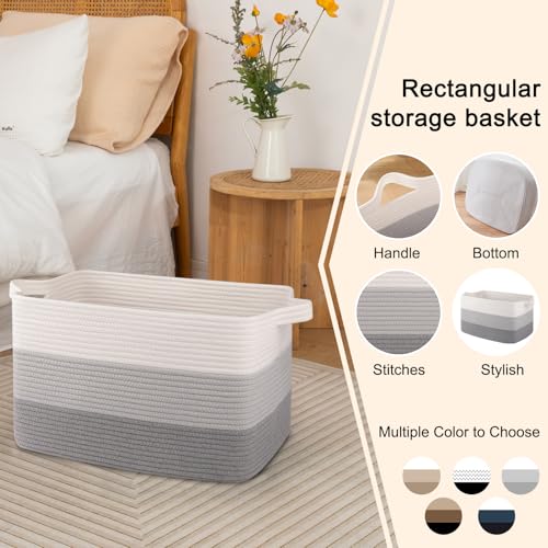 OIAHOMY Large Rectangle Woven Blanket Basket with Handle, Gradient Blue B58762