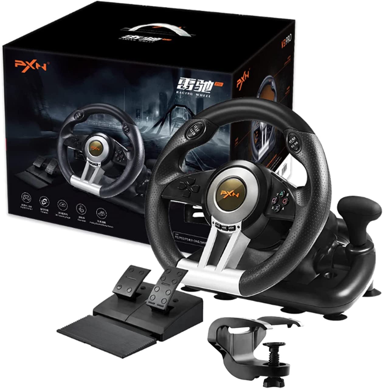 PXN V3II Gaming Steering Wheel with Pedal for PC, PS3, PS4, Xbox One, Xbox Series X/S, N-Switch N852906