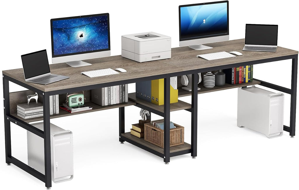 78.7" Two Person Desk with Bookshelf, Large Computer Office Double Desk for Two Person, Industrial Study Writing Table Workstation with Shelves for Home Office