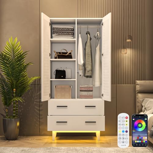 3 Door Armoire Wardrobe with Drawers and LED Lights, White S39322