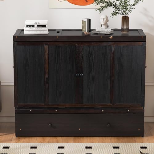 Harper & Bright Designs Queen Murphy Bed Cabinet, Solid Pine, Espresso W128