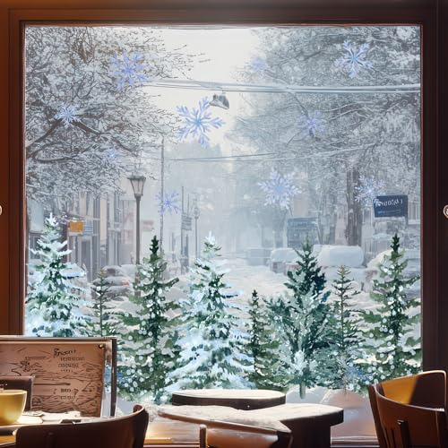 Whaline 9 Sheet Christmas Window Clings Snowy Forest Trees Reusable Window Decals H27510