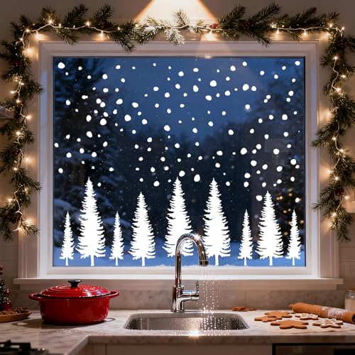 Whaline 9 Sheet Christmas Window Clings Snowy Forest Trees Reusable Window Decals H27510