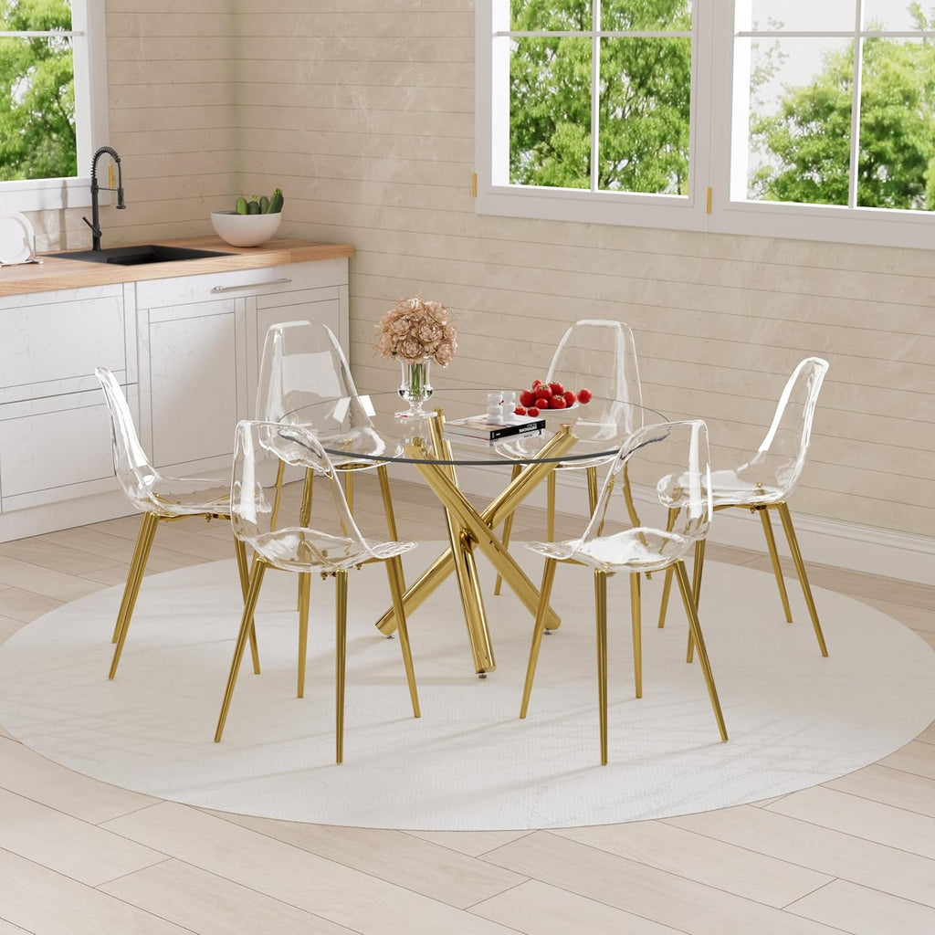 Baysitone Gold Round Glass Dining Table Set for 6, 47'' Circle Kitchen Table Set, Circular Dining Room Table Set, 7 PCS Modern Table and Chairs Set for Home Living Room, Clear Acrylic Chair