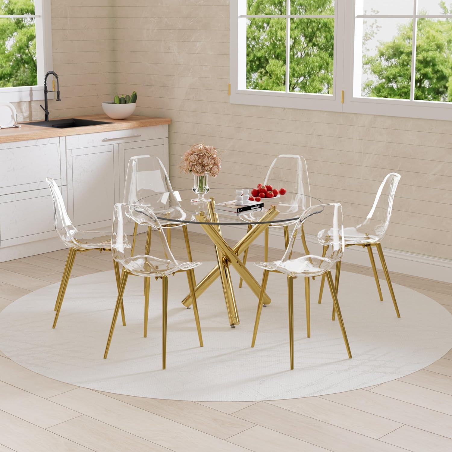 Baysitone Gold Round Glass Dining Table Set for 6, 47'' Circle Kitchen Table Set, Circular Dining Room Table Set, 7 PCS Modern Table and Chairs Set for Home Living Room, Clear Acrylic Chair
