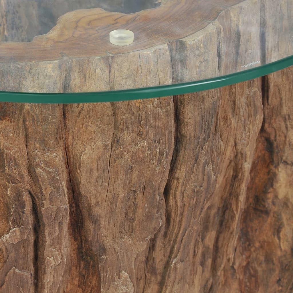 Teak Wood Stump Coffee Table with Tempered Glass Top O26377