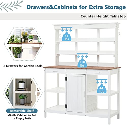 Merax 66" Outdoor Farmhouse Wooden Potting Bench Table with 2 Drawers and Cabinet, Brown U7933