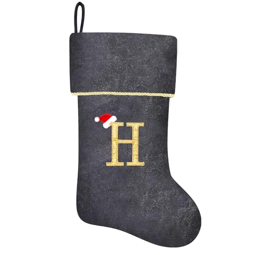 20 Inches Initial Monogram Blue Velvet Christmas Stocking with Gold Trim U394