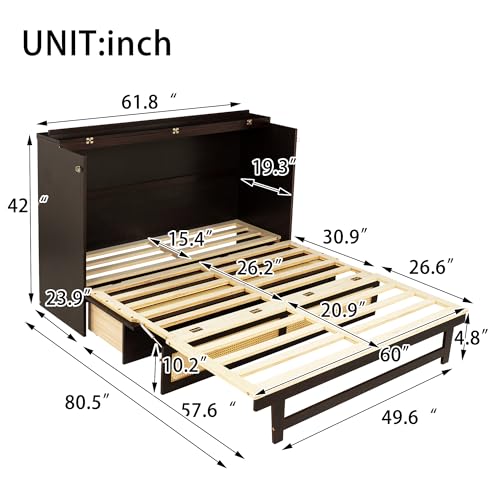 KEIKI Queen Size Murphy Bed with Charging Station and Drawer, Walnut B45816