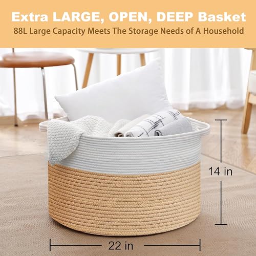 Extra Large Woven Cotton Rope Blanket Basket with Handles A14774