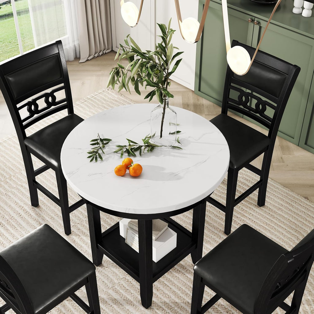 5-piece Counter Height Dining Table Set with Faux Marble Top and PU-leather Chairs, Dark Espresso U620443