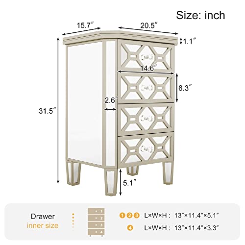 Mirrored 4-Drawer Chest with Golden Lines and Crystal Knob for Bedroom, Silver C933