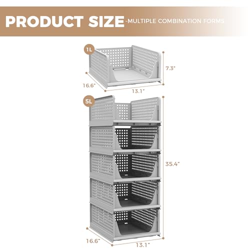Pinkpum 5 Pack Stackable Plastic Storage Basket Foldable Closet Organizer H484802