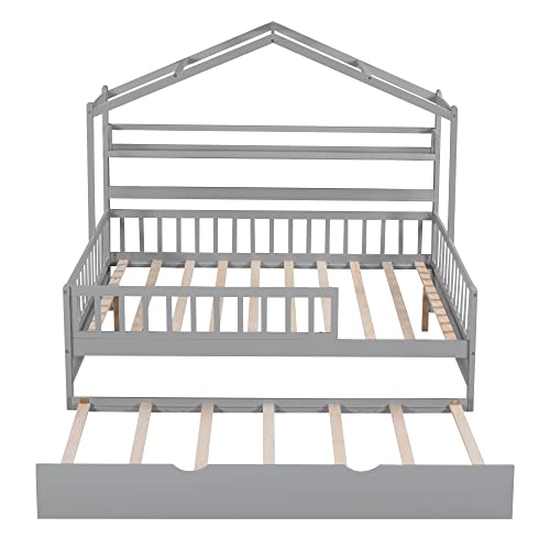 Full Size House Bed with Storage Shelf, Wooden Frame with Guardrail R174