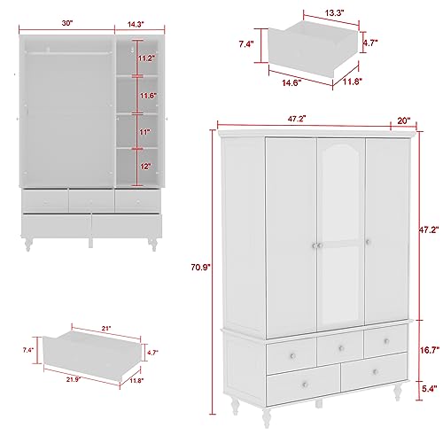 Hitow 3 Door Wardrobe Armoire with Mirror, 5 Drawers & Hanging Rod, White A105