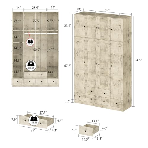 ECACAD Extra Tall Wardrobe Armoire with Top Cabinet, 10 Shelves, 4 Drawers, Hanging Rod, Light Brown E394971