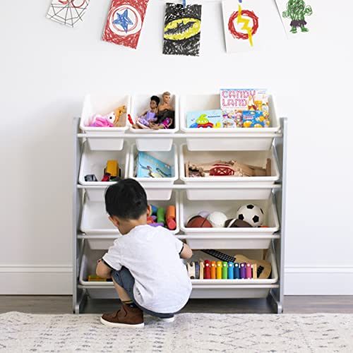 Humble Crew Kids Toy Storage Organizer with 12 Plastic Bins, Grey/White O74556