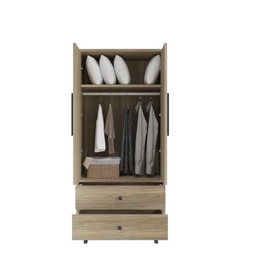 4 Door Armoire Wardrobe with 2 Drawers, Adjustable Shelves and Hanging Rod, Oak U53261