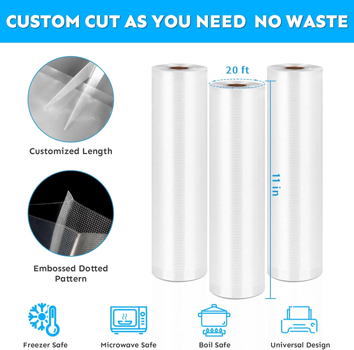 Vacuum Sealer Rolls 11"X20' 3Pack, BPA-Free Thick Seal Bags V9220