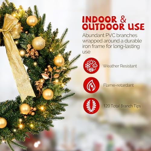 VINGLI 48 Inch Pre-lit Artificial Christmas Wreath with 150 LED Lights T885