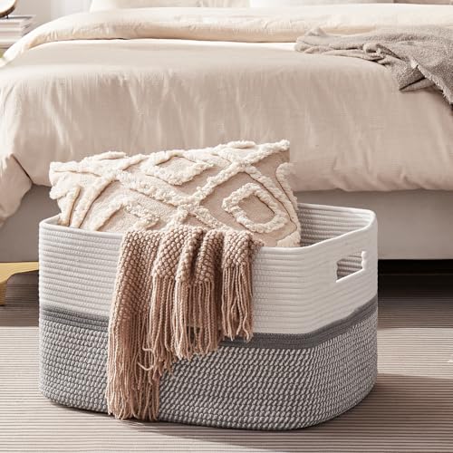 OIAHOMY Large Rectangle Woven Blanket Basket with Handle, Gradient Blue B58762