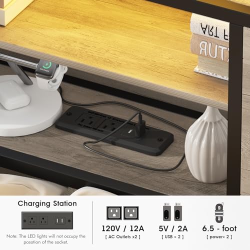 Queen Size Bed Frame with Charging Station, 4 Drawers, LED Light, Farmhouse Platform Bed with Headboard Storage, Wash Grey E20107