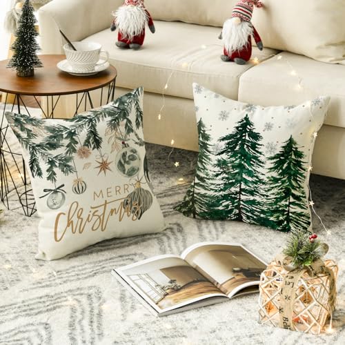 AVOIN colorlife Merry Christmas Trees Snowflake Throw Pillow Covers 18 x 18 Inch Set of 4 R125029