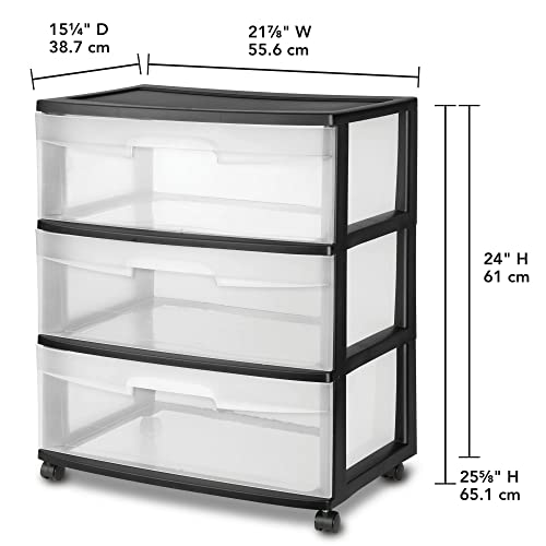 Plastic Storage Drawer Cart with 3 Clear Drawers on Wheels, Black D42174