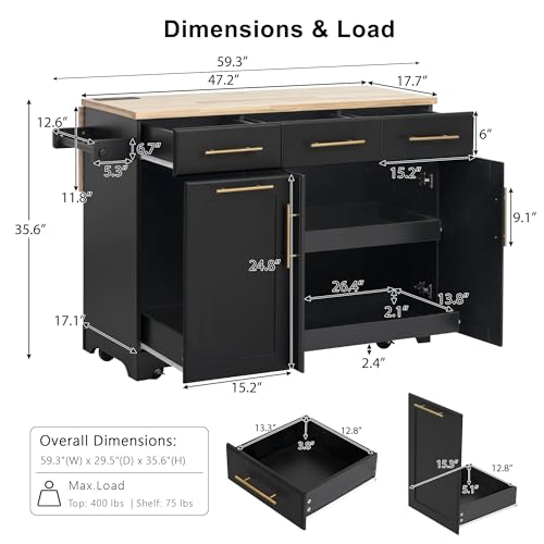 Merax Kitchen Island with Storage, Rolling Table with Drop Leaf, Black Z411