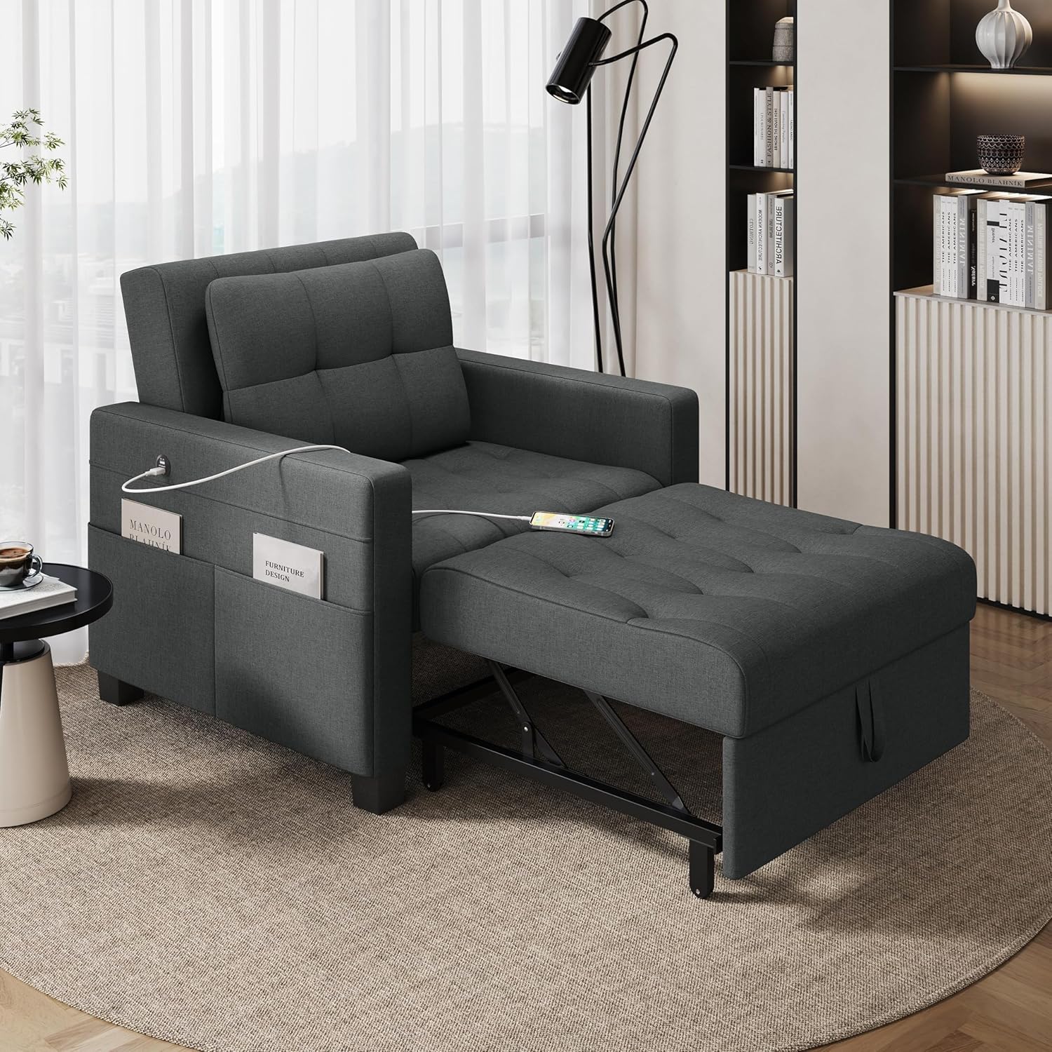 Yaheetech Convertible Chair Bed 3-in-1 Sleeper Sofa with USB Ports, Dark Gray D649285