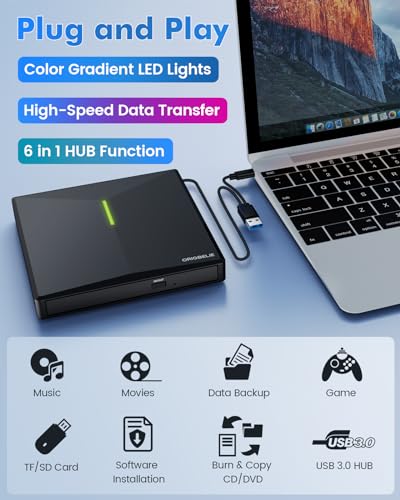 External CD DVD Drive for Laptop, USB 3.0 Type-C, Slim Portable Burner T70166