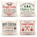 Farmhouse Christmas Pillow Covers 18x18 Set of 4 Winter Holiday Decorations Xmas Red White Rustic Throw Cushion Case for Sofa Couch Home Decor (Sleigh Rides, Farm Fresh Tree, Cocoa, Candy Canes)