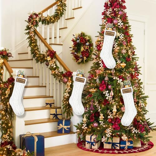 4PACK Christmas Stockings 18Inches Cable Knitted with Name Tags Red White U8263