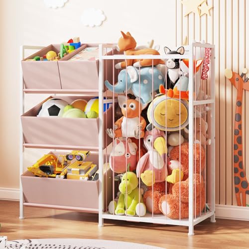 BBLIKE Stuffed Animal Storage - Kids Storage Organizer with 4 Removable Bins, Kids Storage Toy Shelf Organizer for Stuffed Animal Holder for Bedroom Playroom Nursery, Pink