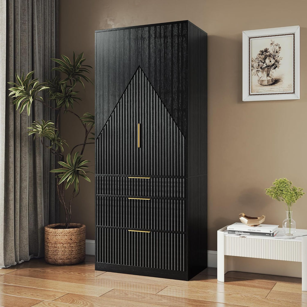 71.7" Wooden Wardrobe Armoire with 2 Doors and 3 Drawers, Black R48741