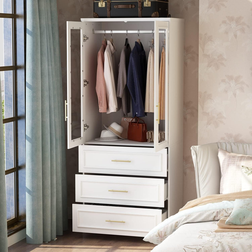 ECACAD Wardrobe Armoire with 2 Glass Doors, 3 Drawers & Hanging Rod, White T90917
