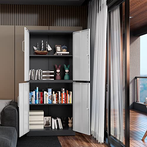 Locking Metal Garage Cabinet 72" Tall, 2 Doors, 5 Shelves, Black Steel Storage B923