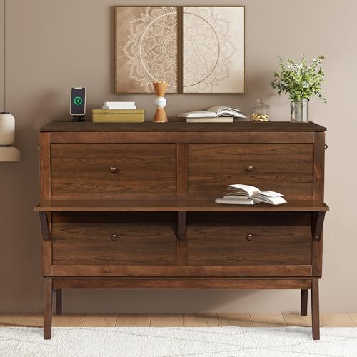 KEIKI Queen Size Murphy Bed with Charging Station and Drawer, Walnut B45816
