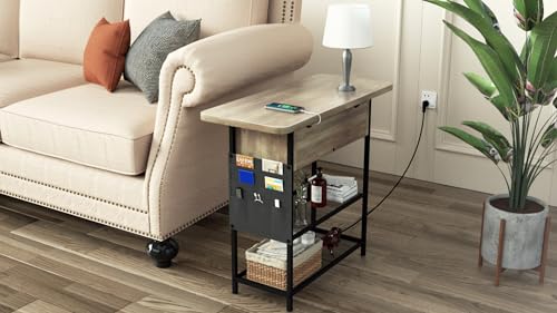 End Table with Fast Charging Station, USB C Ports and Outlets, Flip Top, Rustic Brown R1743