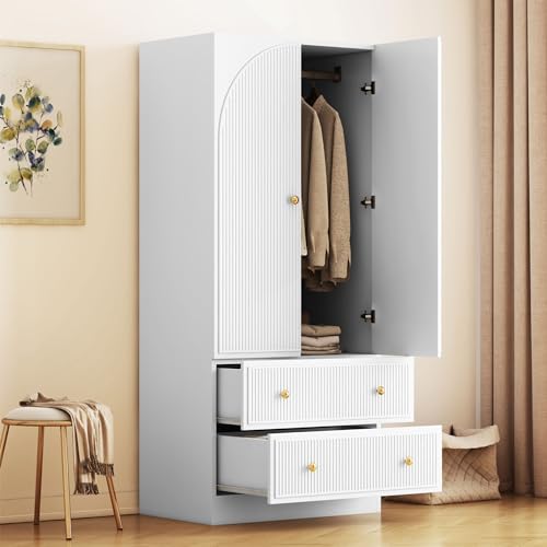 QHITTY Freestanding Armoire Wardrobe with 2 Drawers and Clothing Rod, White B8868