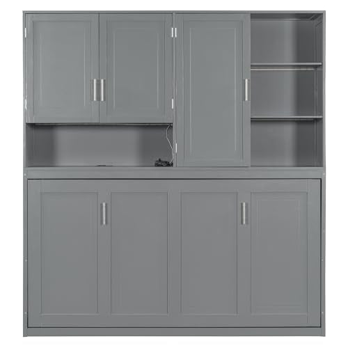 SOFTSEA Twin Murphy Bed with Storage Bookcase, LED Light & Charging Stations, Grey G72495